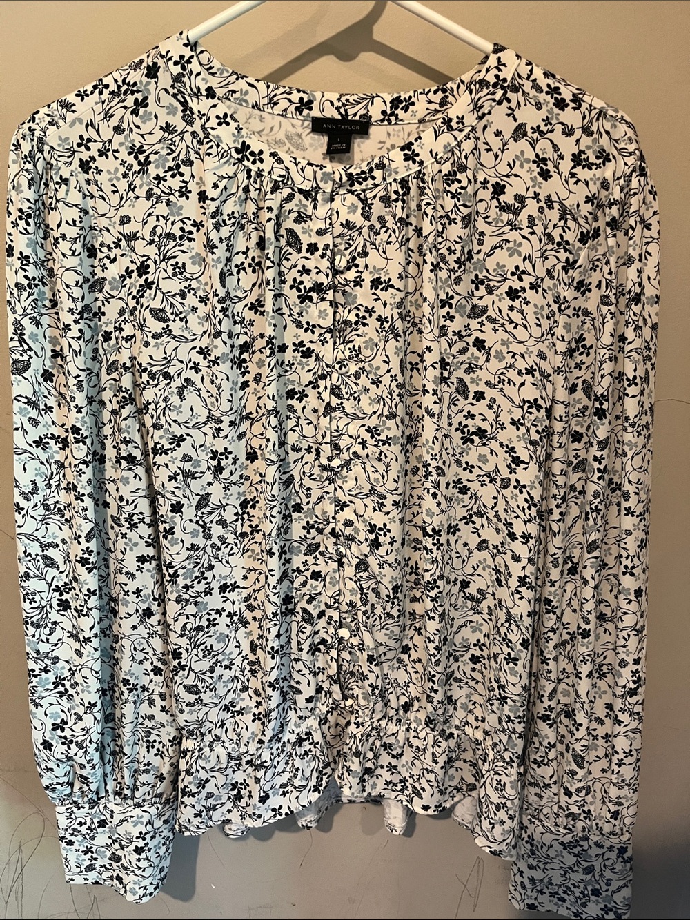 Ann Taylor White Button-Front Floral Blouse